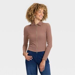 Brown Ribbed Zip-Up Jacket/Cardigan Large